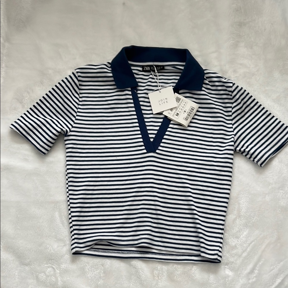 Zara Blue and White Striped Polo Shirt